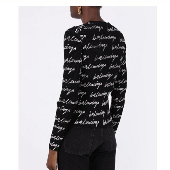 Balenciaga Black & White Ribbed Logo Knit Sweater Sz L - Picture 4 of 10
